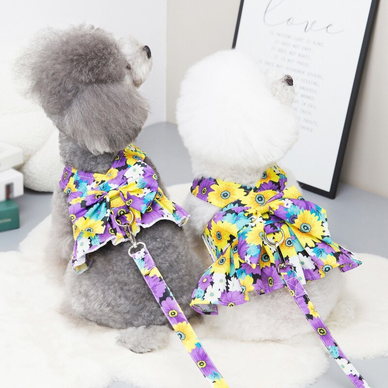 Summer Pet Floral Skirt Bow Dog Dress Matching Leash For Small Dogs Skirt Spring Dog Harness Vest Dresses York Clothes Summer Pet Floral Skirt Bow Dog Dress Matching Leash For Small Dogs Skirt Spring Dog Harness Vest Dresses York Clothes