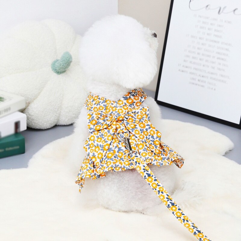 Summer Pet Floral Skirt Bow Dog Dress Matching Leash For Small Dogs Skirt Spring Dog Harness Vest Dresses York Clothes