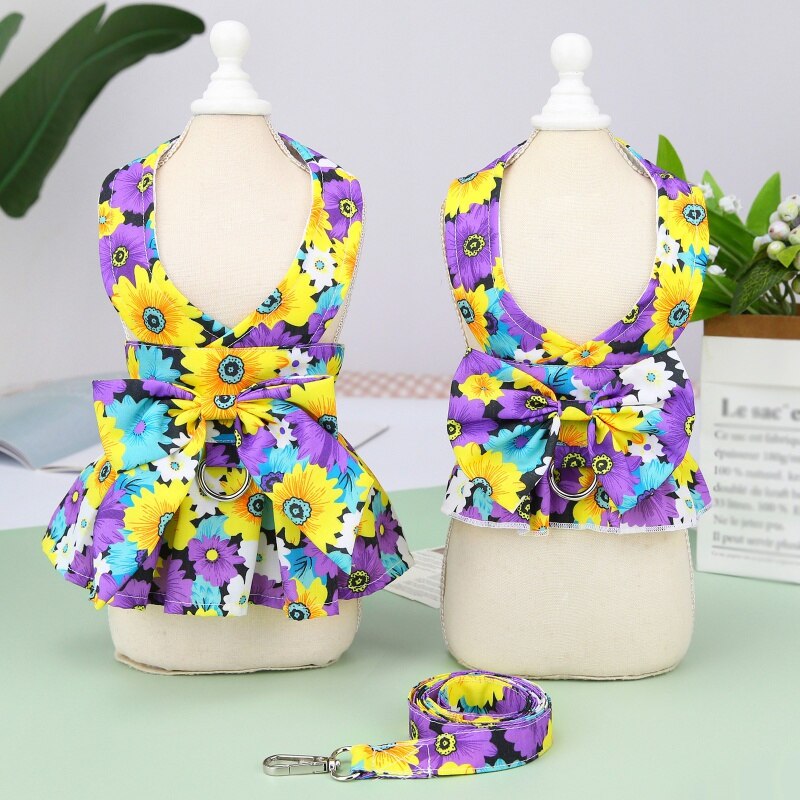 Summer Pet Floral Skirt Bow Dog Dress Matching Leash For Small Dogs Skirt Spring Dog Harness Vest Dresses York Clothes Summer Pet Floral Skirt Bow Dog Dress Matching Leash For Small Dogs Skirt Spring Dog Harness Vest Dresses York Clothes
