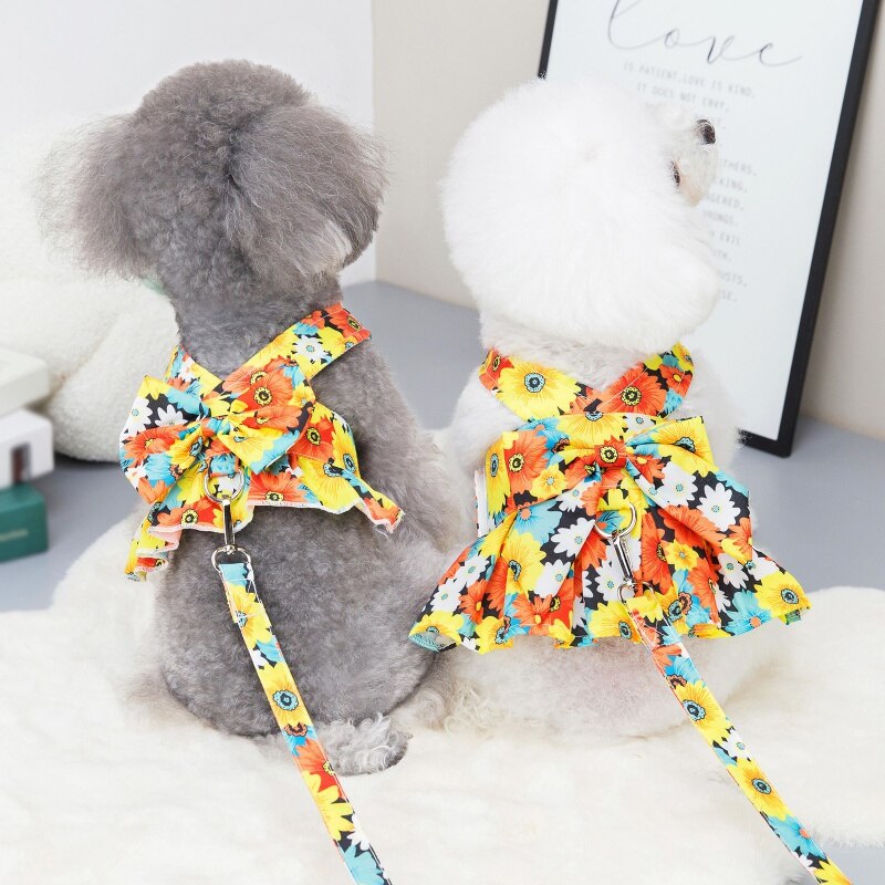 Summer Pet Floral Skirt Bow Dog Dress Matching Leash For Small Dogs Skirt Spring Dog Harness Vest Dresses York Clothes