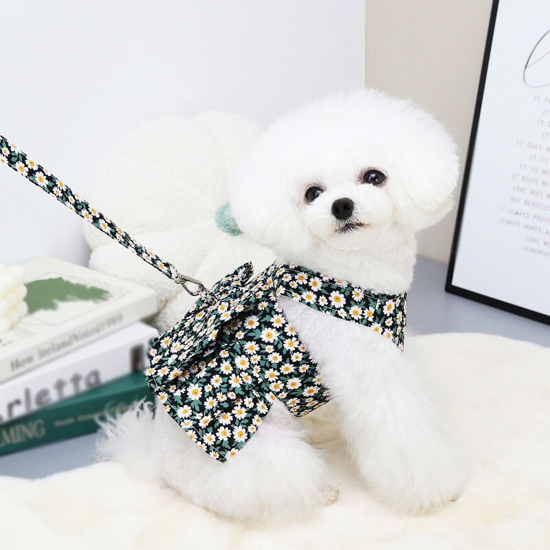 Summer Pet Floral Skirt Bow Dog Dress Matching Leash For Small Dogs Skirt Spring Dog Harness Vest Dresses York Clothes