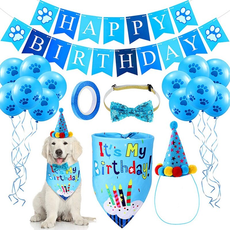 Pets Happy Birthday Costume Dog Hats Bowknot Bandana Neckerchief Bibs Banners Party Decoration Cat Dog Pets Accessories