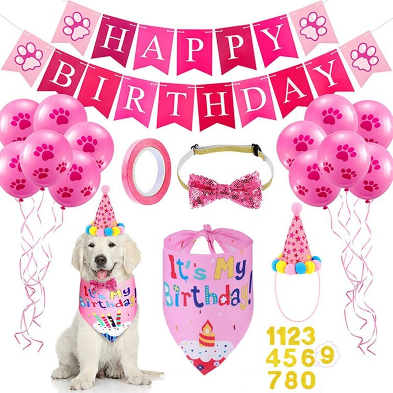 Pets Happy Birthday Costume Dog Hats Bowknot Bandana Neckerchief Bibs Banners Party Decoration Cat Dog Pets Accessories