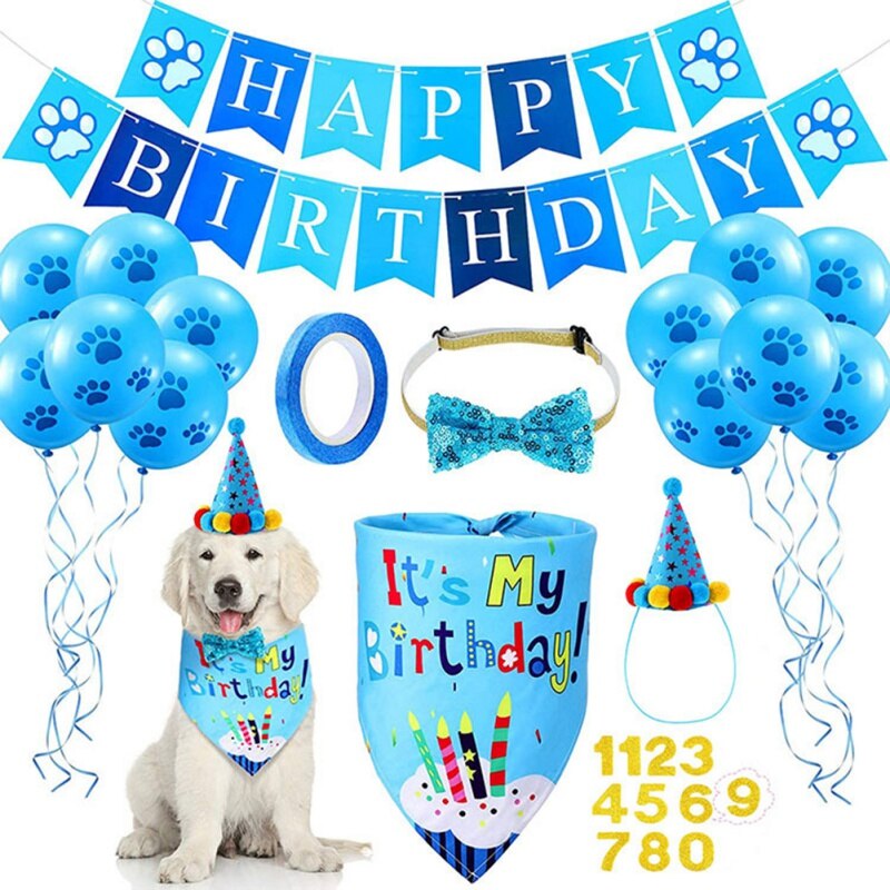 Pets Happy Birthday Costume Dog Hats Bowknot Bandana Neckerchief Bibs Banners Party Decoration Cat Dog Pets Accessories