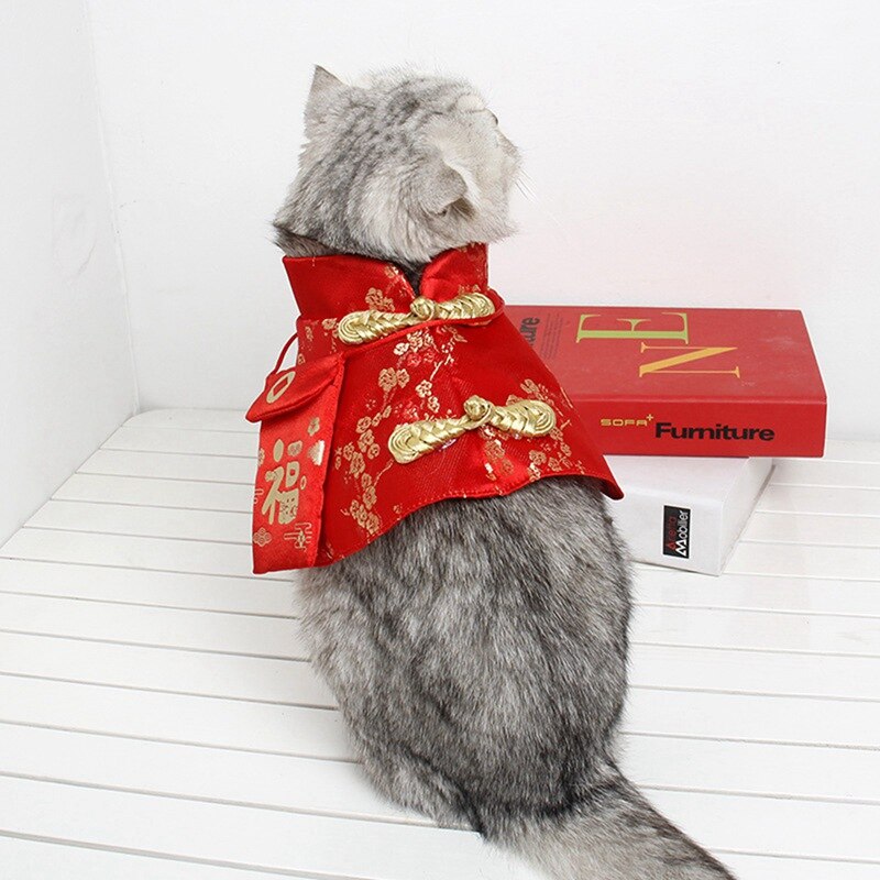 Pet Cat New Year Cloak Clothes Party Costume Chinese Tang Dynasty Dress Festival Cloak with Red Envelope for Puppy Clothing