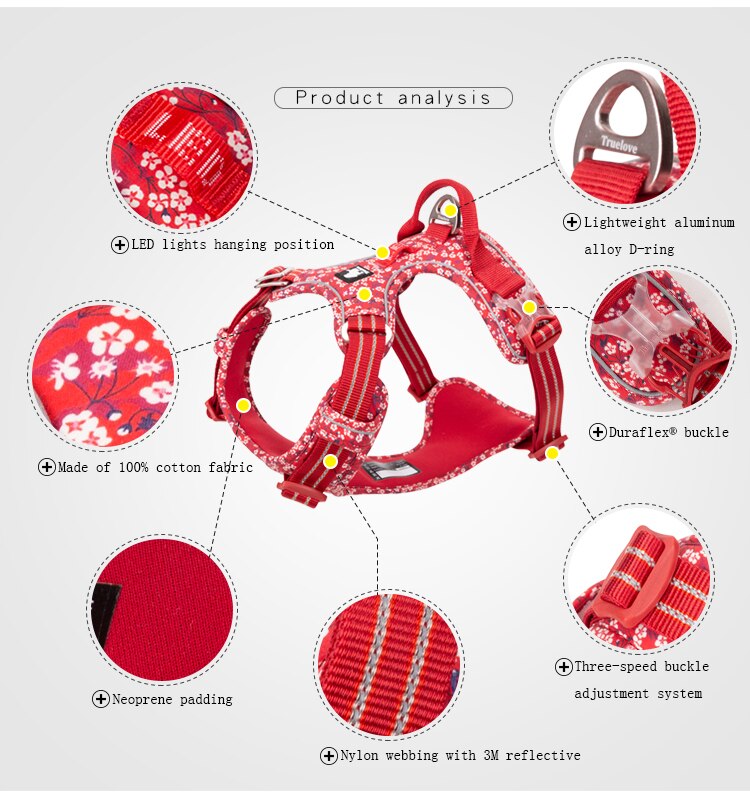 Truelove Pet Harness Floral No Pull Cotton Fabric Breathable and Reflective Soft Cats Dogs Small Medium Walking Running TLH5655 Truelove Pet Harness Floral No Pull Cotton Fabric Breathable and Reflective Soft Cats Dogs Small Medium Walking Running TLH5655