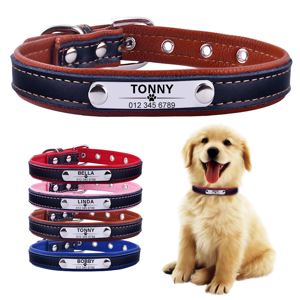AiruiDog Adjustable Personalized Dog Collar Leather Puppy ID Name Custom Engraved XS-L AiruiDog Adjustable Personalized Dog Collar Leather Puppy ID Name Custom Engraved XS-L