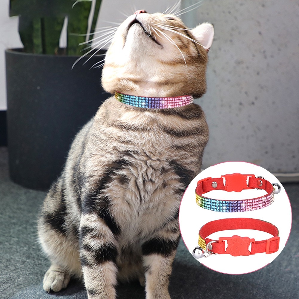Cat Collar Fashion Color Bling Rhinestone PU Leather Crystal Diamond Leather with Bell Puppy Kitten Collar Pet Small Dog Collars