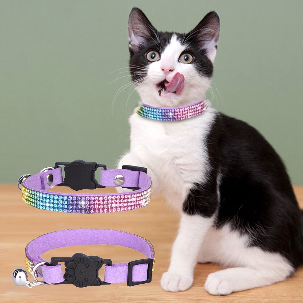 Cat Collar Fashion Color Bling Rhinestone PU Leather Crystal Diamond Leather with Bell Puppy Kitten Collar Pet Small Dog Collars