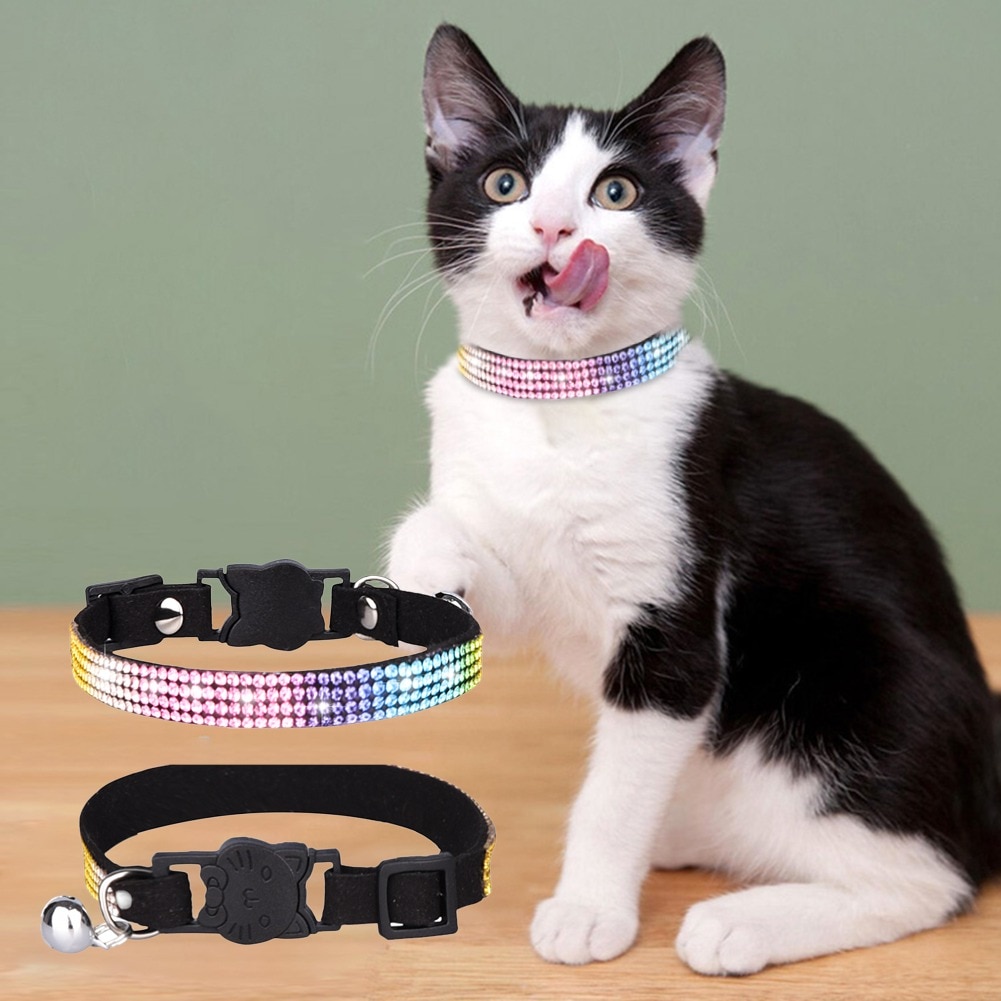 Cat Collar Fashion Color Bling Rhinestone PU Leather Crystal Diamond Leather with Bell Puppy Kitten Collar Pet Small Dog Collars