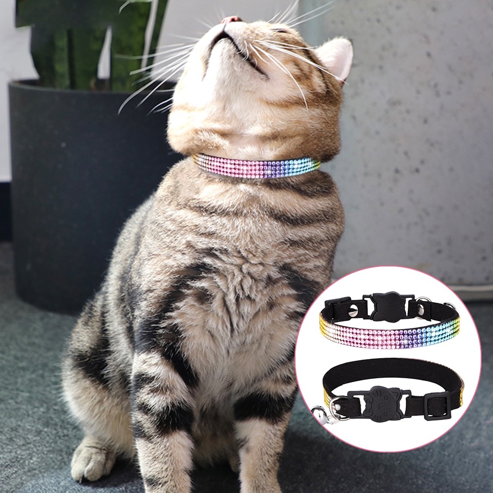 Cat Collar Fashion Color Bling Rhinestone PU Leather Crystal Diamond Leather with Bell Puppy Kitten Collar Pet Small Dog Collars