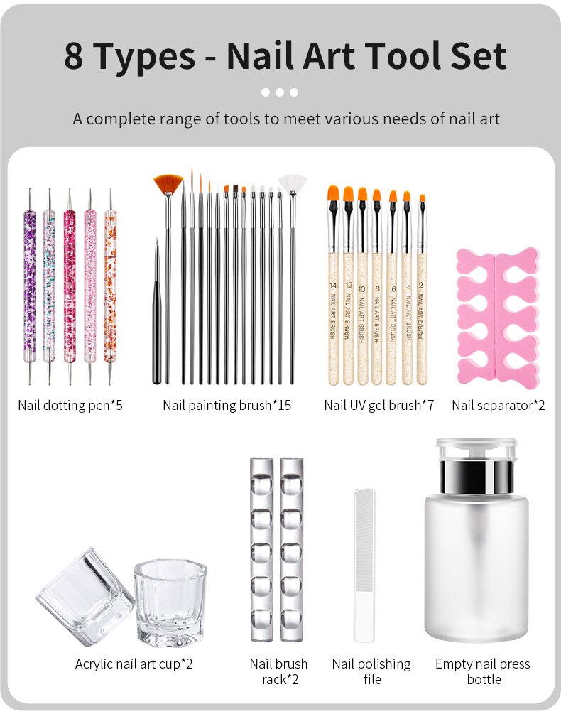 Nail Art Brush Set UV Gel Liner Painting Carving Rhinestone Dotting Pen Toe Separator Dust Brush Scissors File Manicure Kit