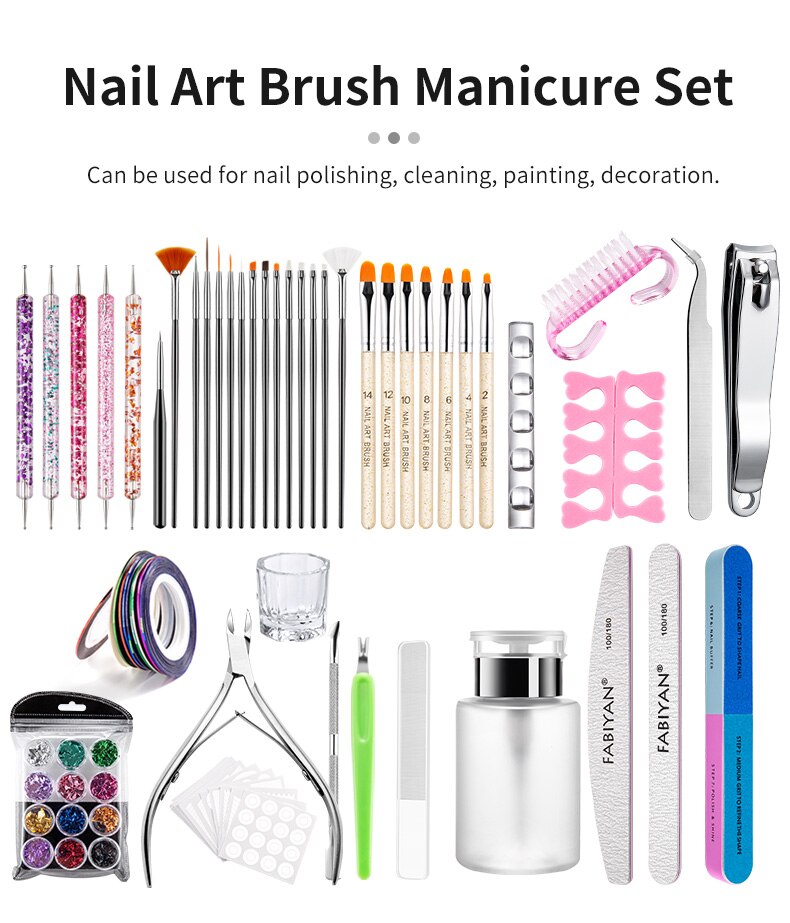 Nail Art Brush Set UV Gel Liner Painting Carving Rhinestone Dotting Pen Toe Separator Dust Brush Scissors File Manicure Kit