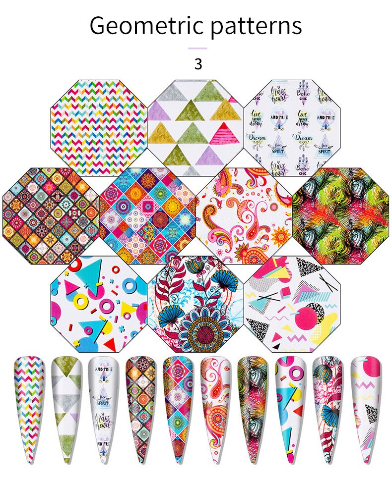 Nail Art Foil Stickers 10PCS Colorful Retro Geometric Christmas Halloween Transfer Paper Gorgeous DIY Manicure Decoration 4*20cm Nail Art Foil Stickers 10PCS Colorful Retro Geometric Christmas Halloween Transfer Paper Gorgeous DIY Manicure Decoration 4*20cm