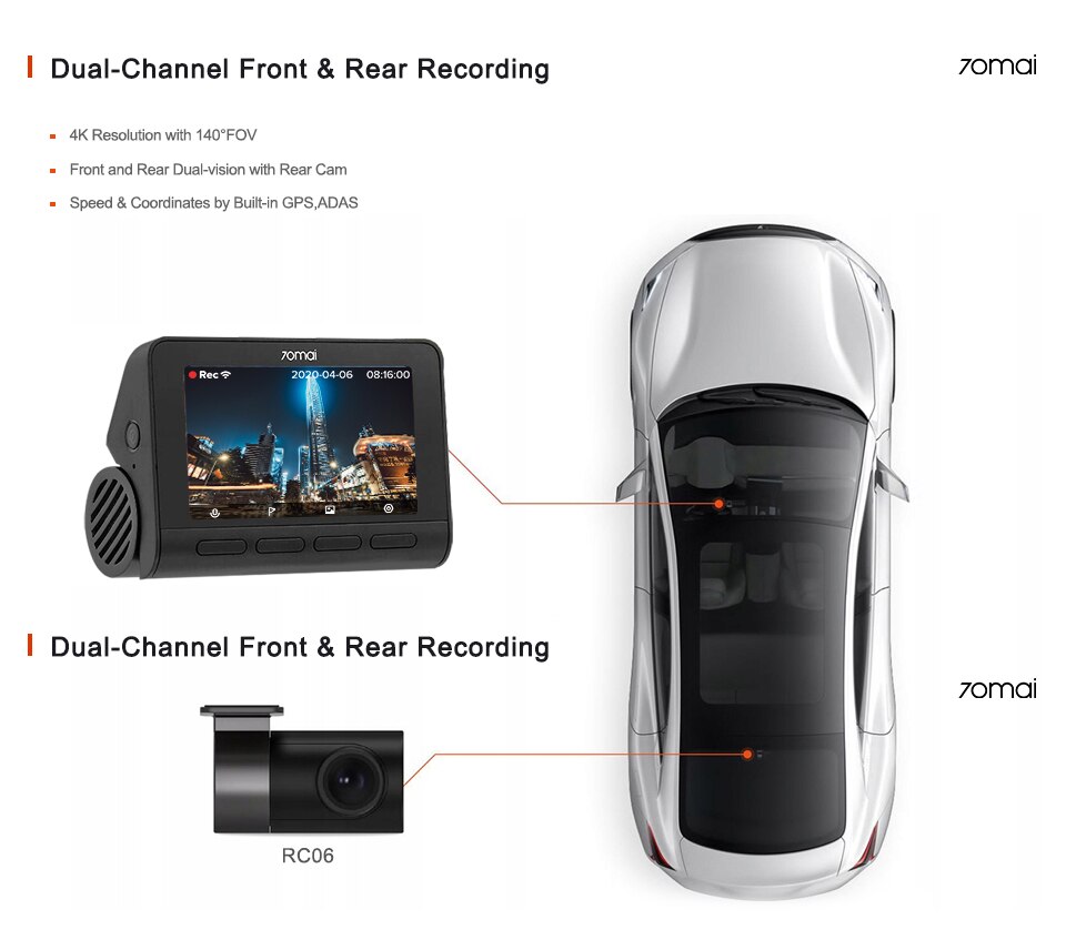 70mai 4K Dash Cam A800S Built-in GPS ADAS 140FOV 70mai Camera Car DVR 24H Parking Monitior Support Rear or Interior Cam