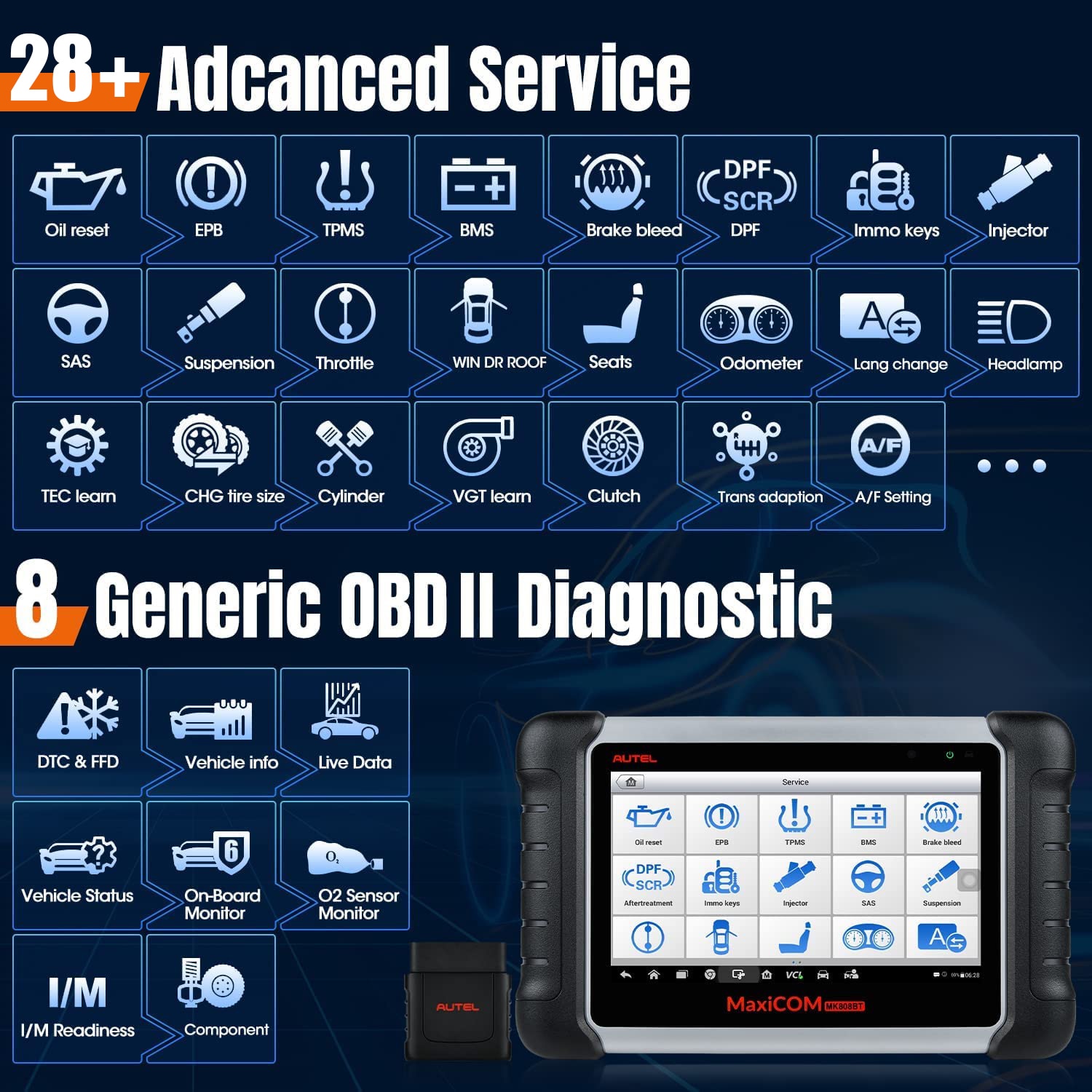 2022 Newest Autel MaxiCOM MK808BT OBD2 Scanner Car Diagnostic Tool Auto IMMO/EPB/SAS/BMS/TPMS/DPF Upgraded Version of MK808 2022 Newest Autel MaxiCOM MK808BT OBD2 Scanner Car Diagnostic Tool Auto IMMO/EPB/SAS/BMS/TPMS/DPF Upgraded Version of MK808