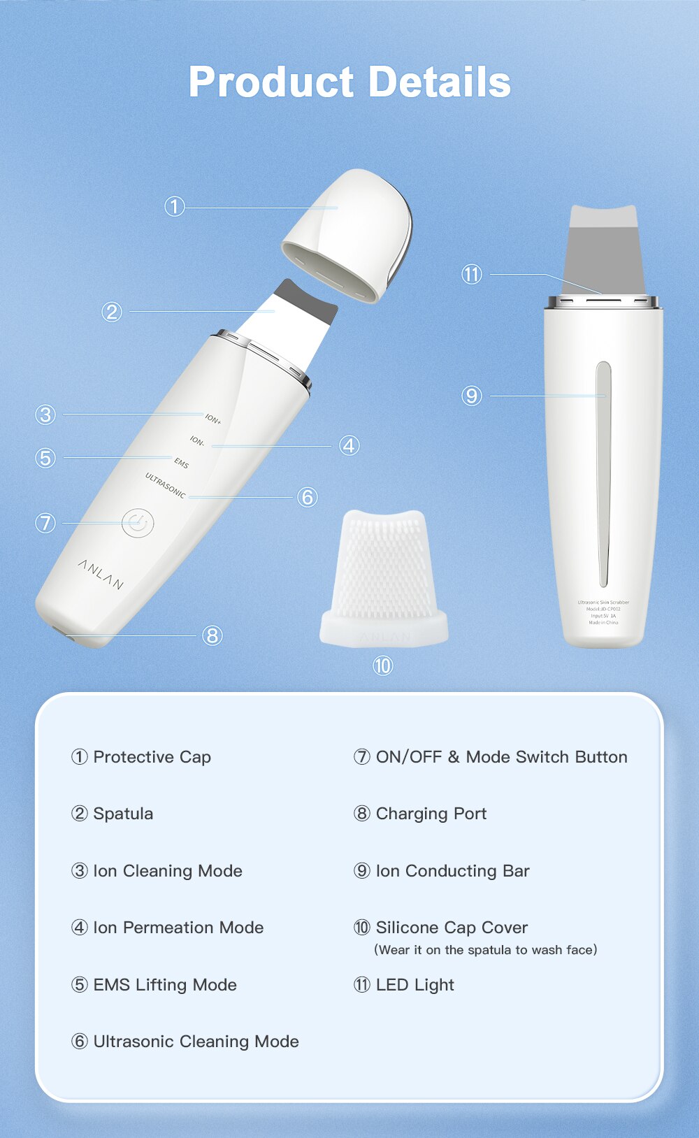ANLAN Ultrasonic Skin Scrubber Blue Light Skin Care Deep Face Cleaning Peeling Shovel Facial Pore Cleaner Facial Lifting Machine