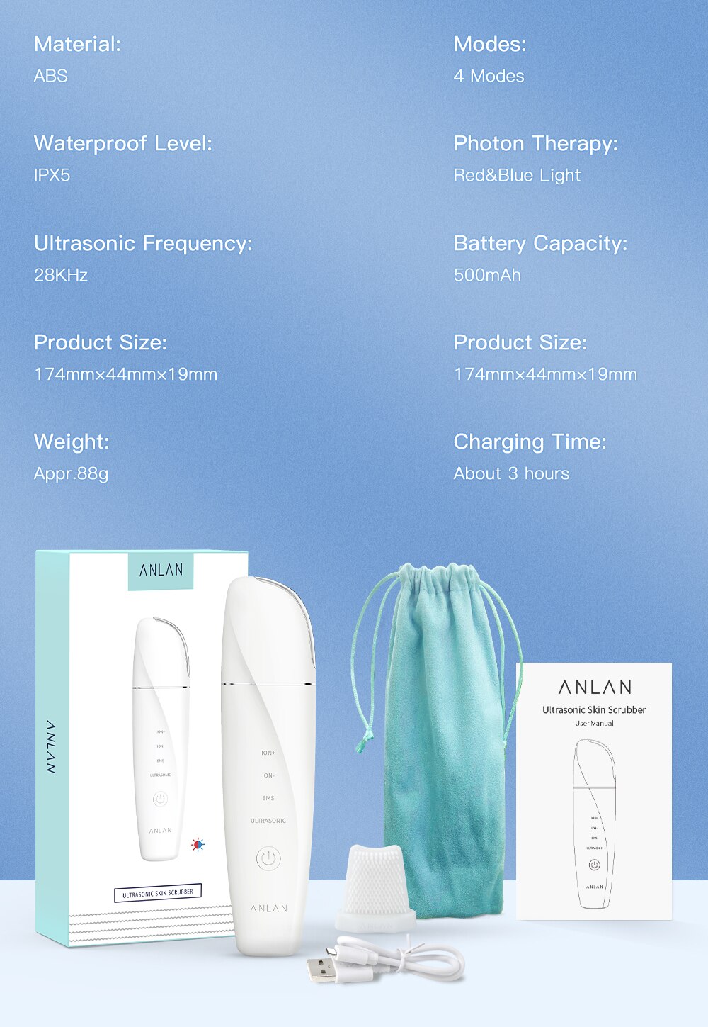 ANLAN Ultrasonic Skin Scrubber Blue Light Skin Care Deep Face Cleaning Peeling Shovel Facial Pore Cleaner Facial Lifting Machine