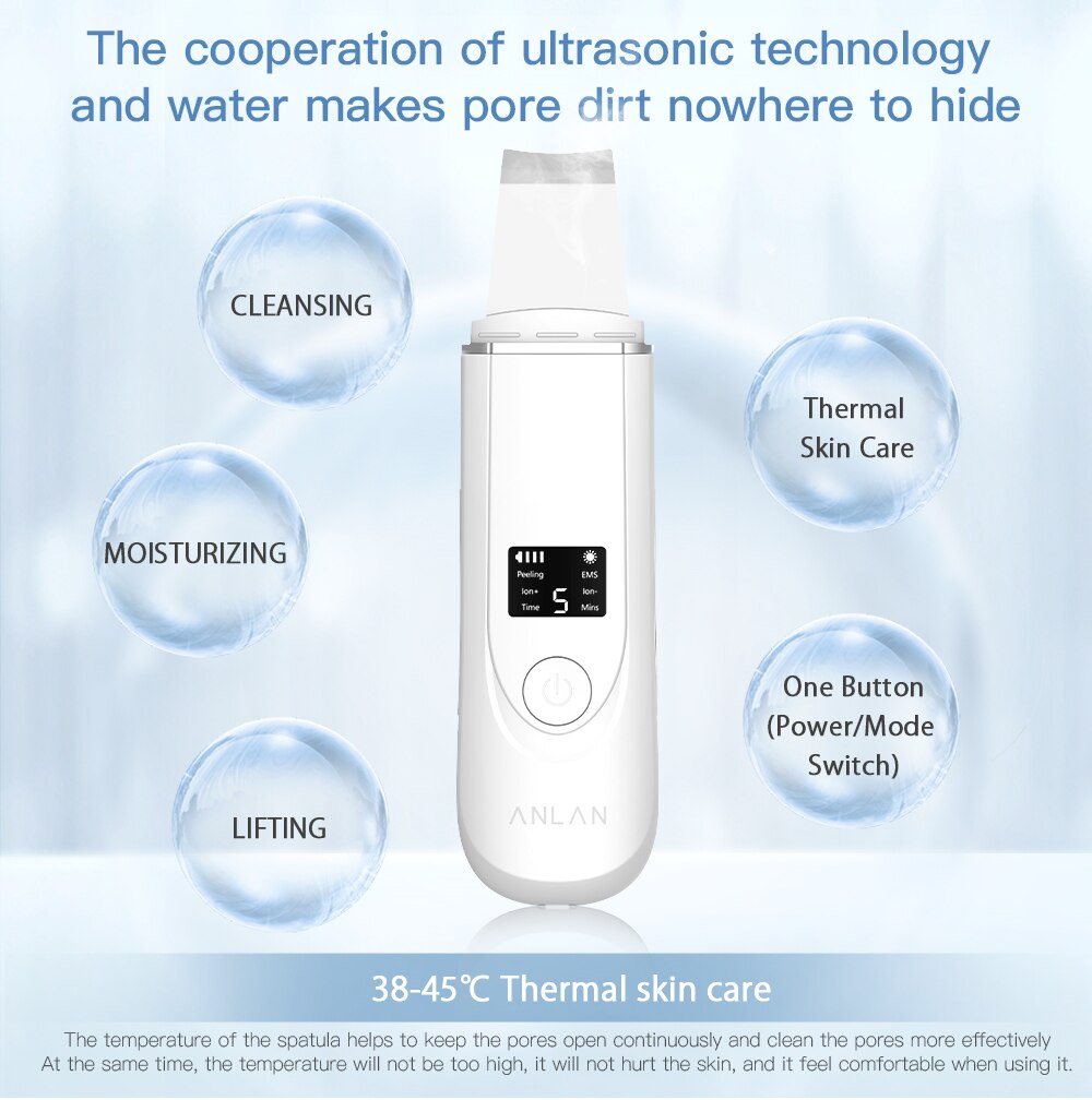 ANLAN Ultrasonic Cleaner 45°C Heat Ultrasonic Skin Scrubber Deep Face Cleaning Machine Shovel Skin Care Face Lift Peeling Facial