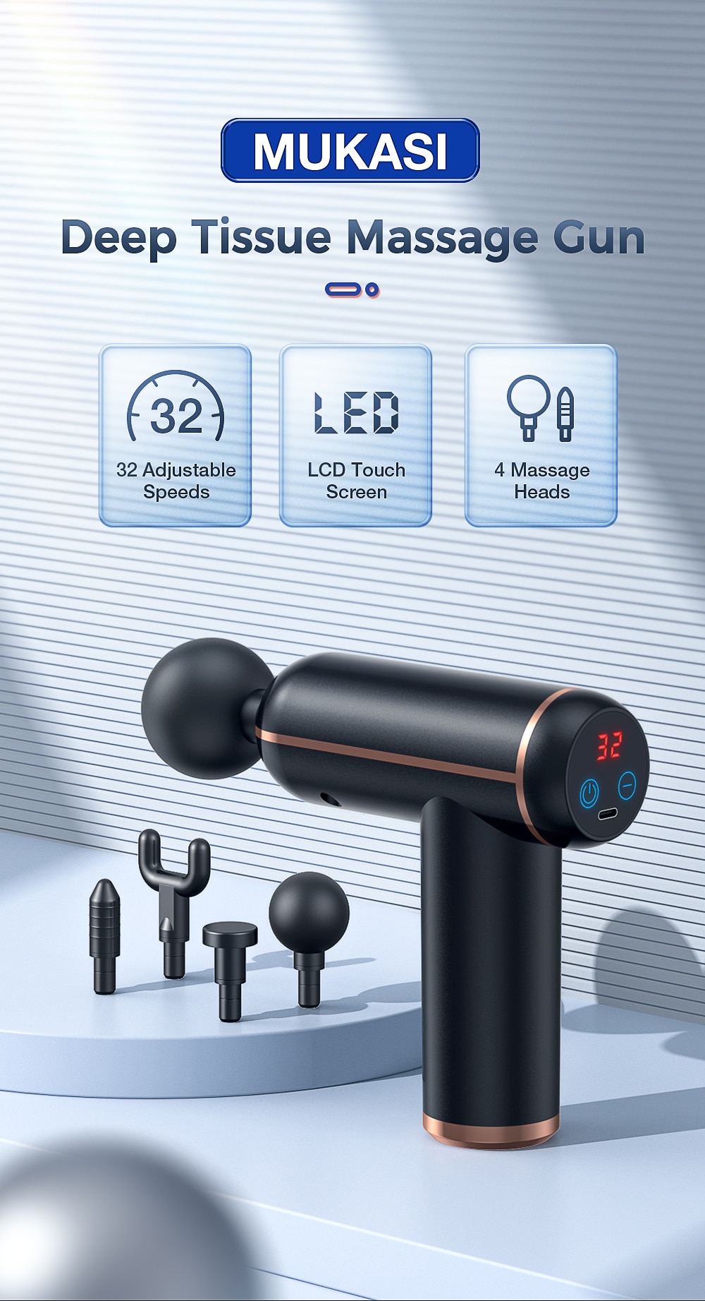 MUKASI Massage Gun Portable Percussion Pistol Massager For Body Neck Deep Tissue Muscle Relaxation Gout Pain Relief Fitness