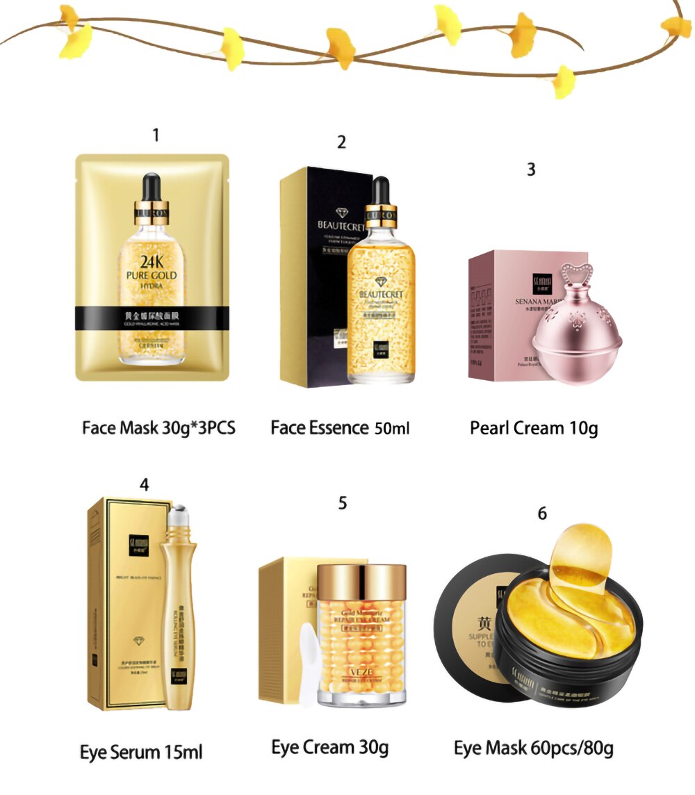 Skin Care Set 24K Gold Nicotinamide Face Essence Collagen Face Cream Moisturizing Face Mask Brighten Eye Cream Crystal Eye Patch