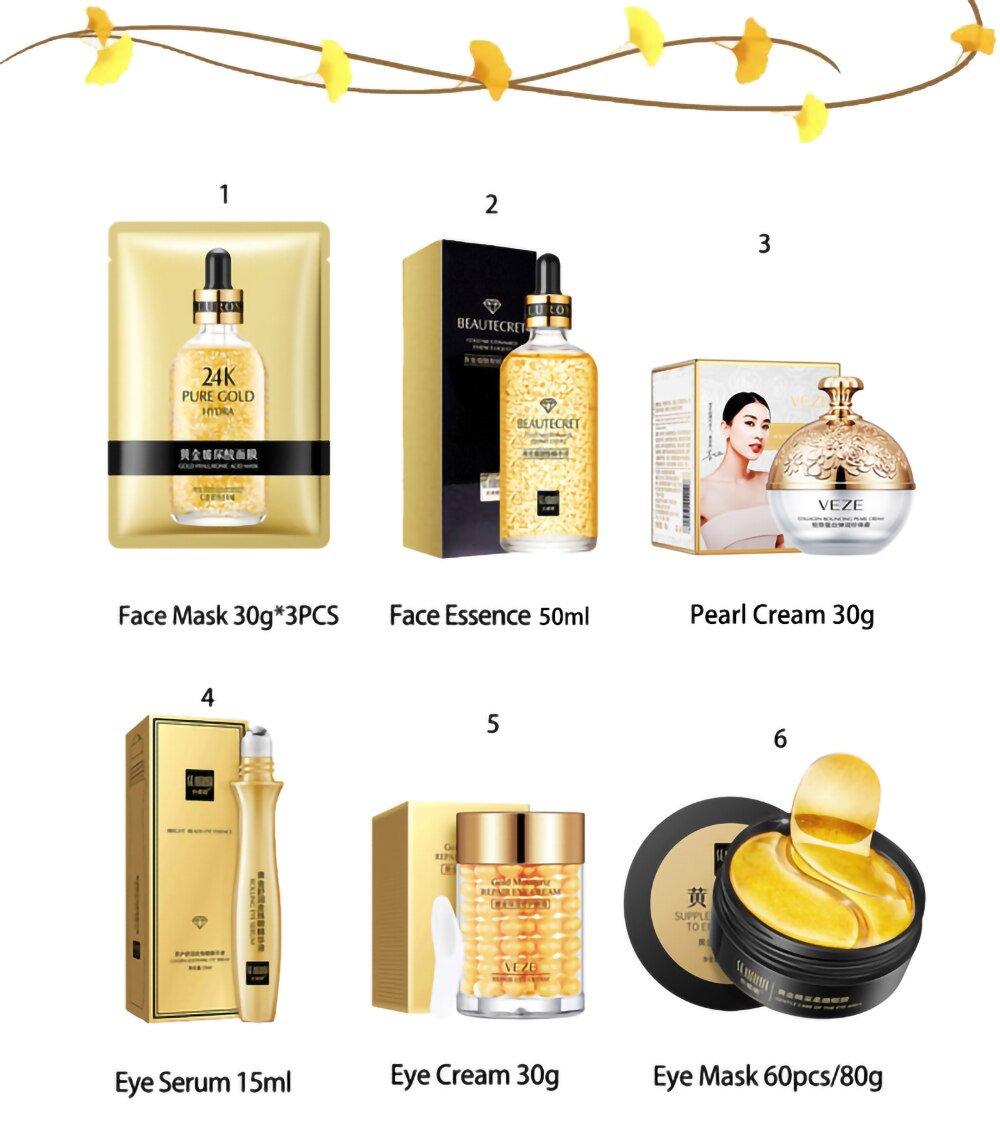 Skin Care Set 24K Gold Nicotinamide Face Essence Collagen Face Cream Moisturizing Face Mask Brighten Eye Cream Crystal Eye Patch