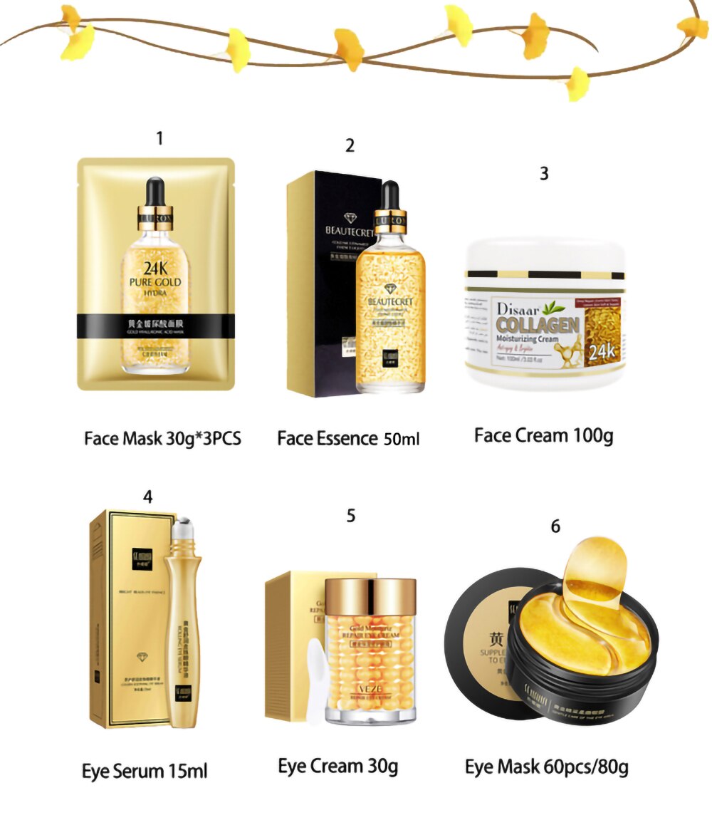 Skin Care Set 24K Gold Nicotinamide Face Essence Collagen Face Cream Moisturizing Face Mask Brighten Eye Cream Crystal Eye Patch