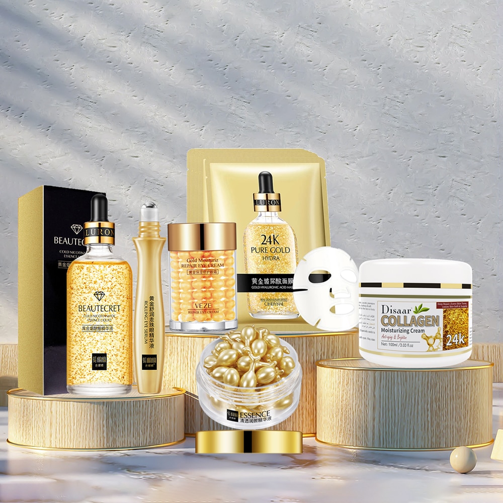 Skin Care Set 24K Gold Nicotinamide Face Essence Collagen Face Cream Moisturizing Face Mask Brighten Eye Cream Crystal Eye Patch Skin Care Set 24K Gold Nicotinamide Face Essence Collagen Face Cream Moisturizing Face Mask Brighten Eye Cream Crystal Eye Patch