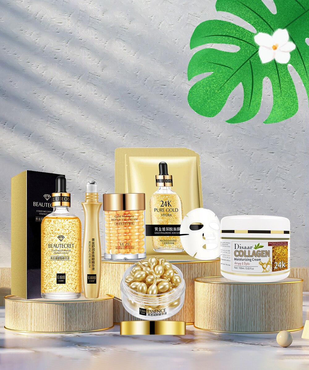 Skin Care Set 24K Gold Nicotinamide Face Essence Collagen Face Cream Moisturizing Face Mask Brighten Eye Cream Crystal Eye Patch
