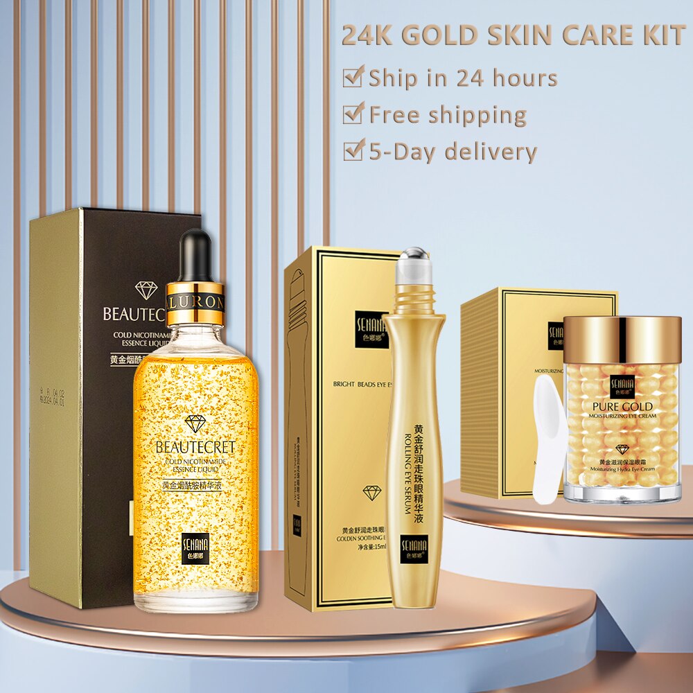 Face Cream Kit 24K Gold Niacinamide Essence Remove Dark Eye Circles Eye Serum Firming Eye Cream Face Care Set Korean Cosmetics Face Cream Kit 24K Gold Niacinamide Essence Remove Dark Eye Circles Eye Serum Firming Eye Cream Face Care Set Korean Cosmetics