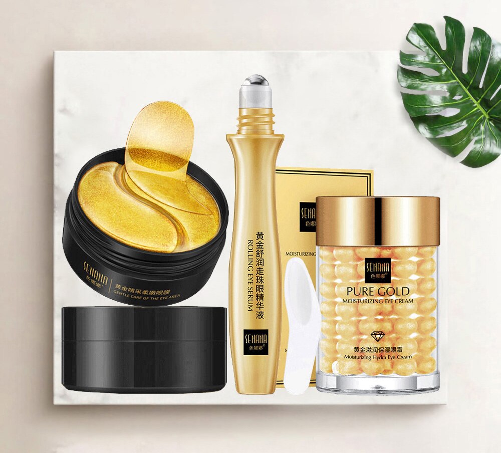 Eye Care Kit 24K Golden Eye Mask Eye Patches Nourishing Skin Rolling Massage Eye Serum Fade Dark Circles Hydrate Eye Cream