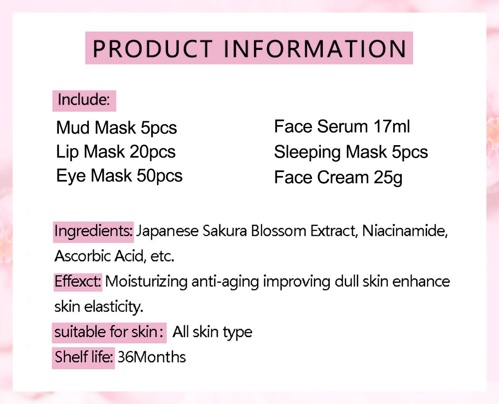 Skin Care Set Sakura Whitening Cream Korean Cosmetics Nourish Skin Face Serum Fade Dark Circles Eye Mask Skin Care Products Kit
