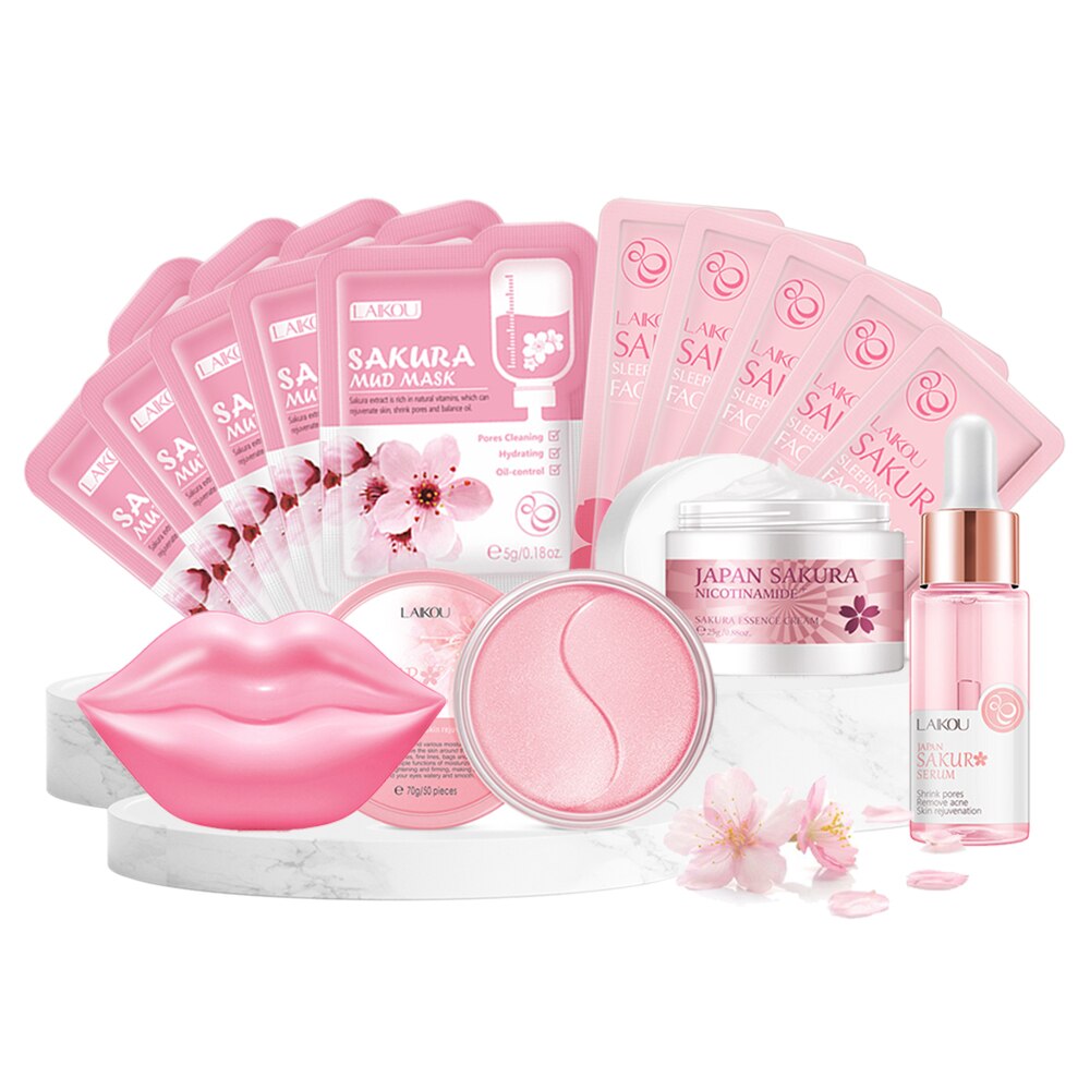Skin Care Set Sakura Whitening Cream Korean Cosmetics Nourish Skin Face Serum Fade Dark Circles Eye Mask Skin Care Products Kit