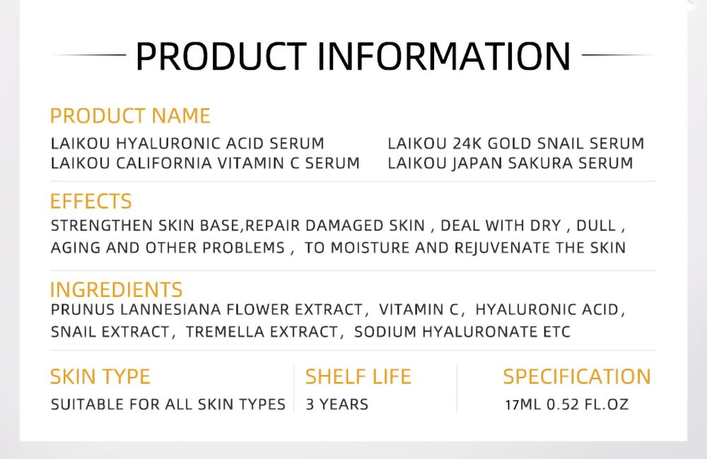 24K Gold Snail Vitamin C Whitening Serum Sakura Hyaluronic Acid Skin Care Face Serum Beauty Health Korean Skin Care Products