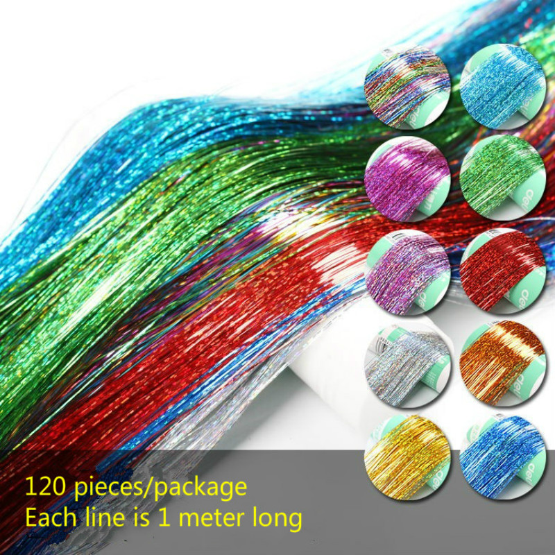 Sparkle Shiny Hair Tinsel Rainbow Silk Hair Extensions Dazzles Women Hippie for Braiding Headdress Long 100cm 120 Strands/bag