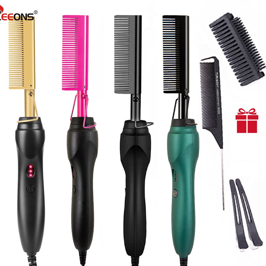 Leeons Black Hot Comb Hair Straightener Flat Iron Electric Hot Heating Comb Wet And Dry Hair Curler Straight Styler Curling Iron