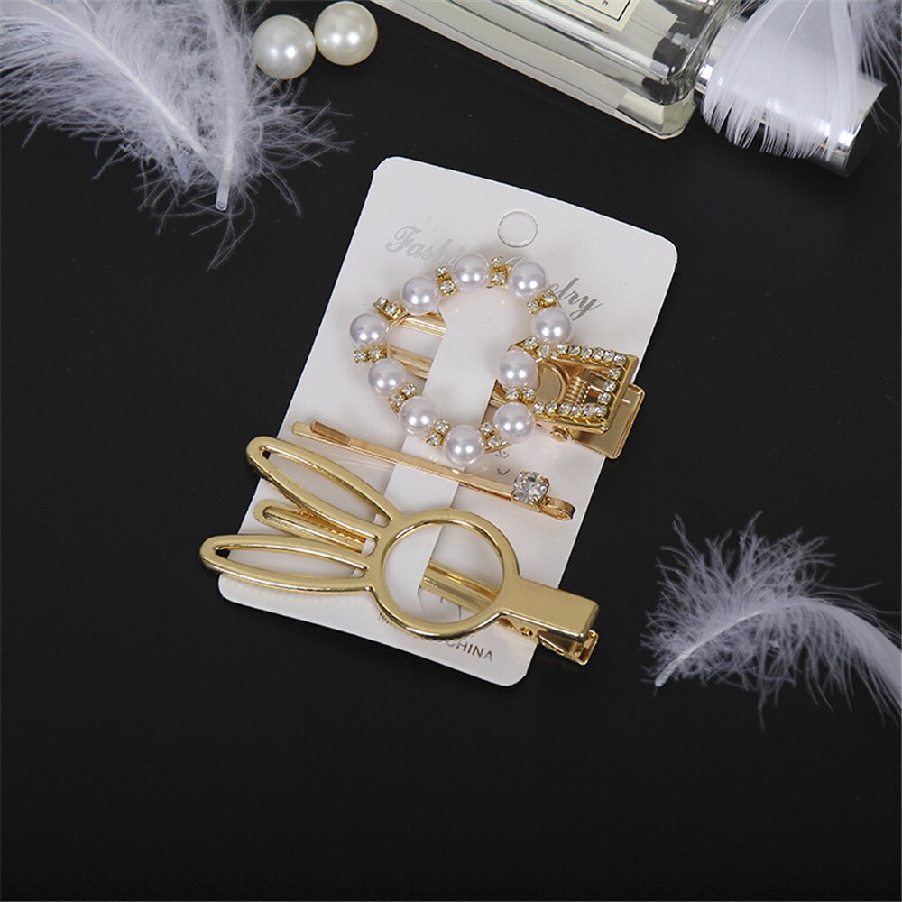 3pcs/set Women Girls Pearl Crystal Hairpins Side Clip Hair Jewelry Trendy Geometric Headwear Fashion Hair Accessories Barrettes
