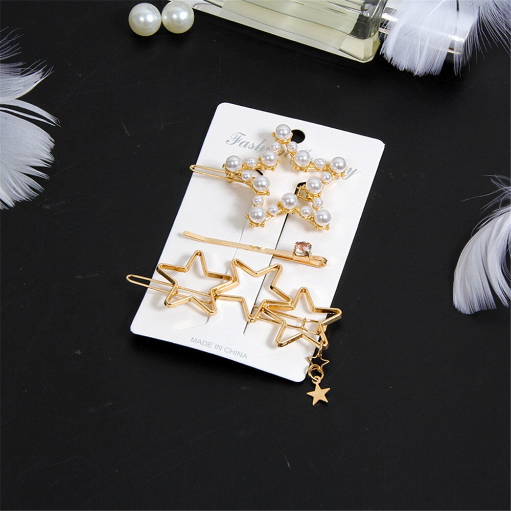 3pcs/set Women Girls Pearl Crystal Hairpins Side Clip Hair Jewelry Trendy Geometric Headwear Fashion Hair Accessories Barrettes