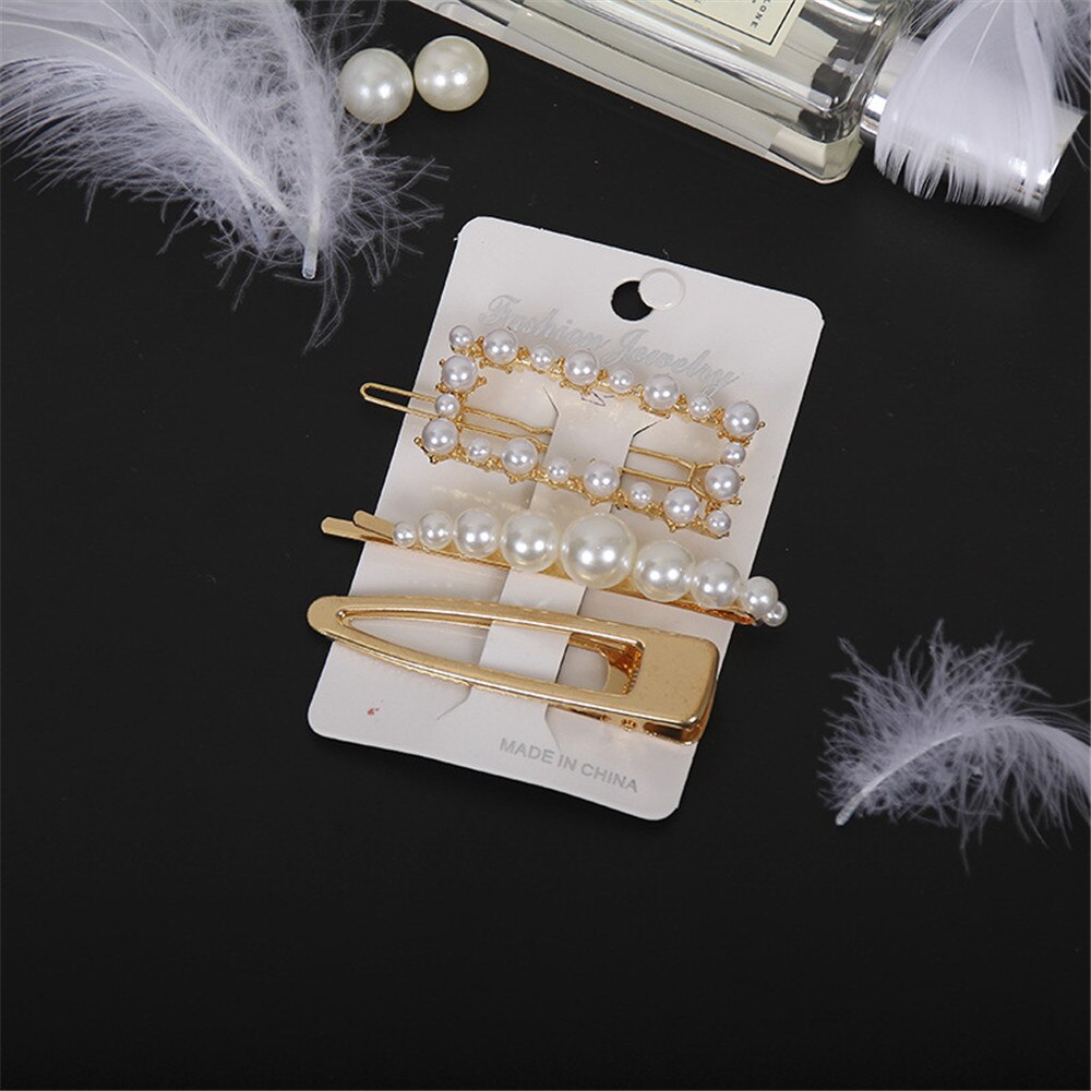 3pcs/set Women Girls Pearl Crystal Hairpins Side Clip Hair Jewelry Trendy Geometric Headwear Fashion Hair Accessories Barrettes