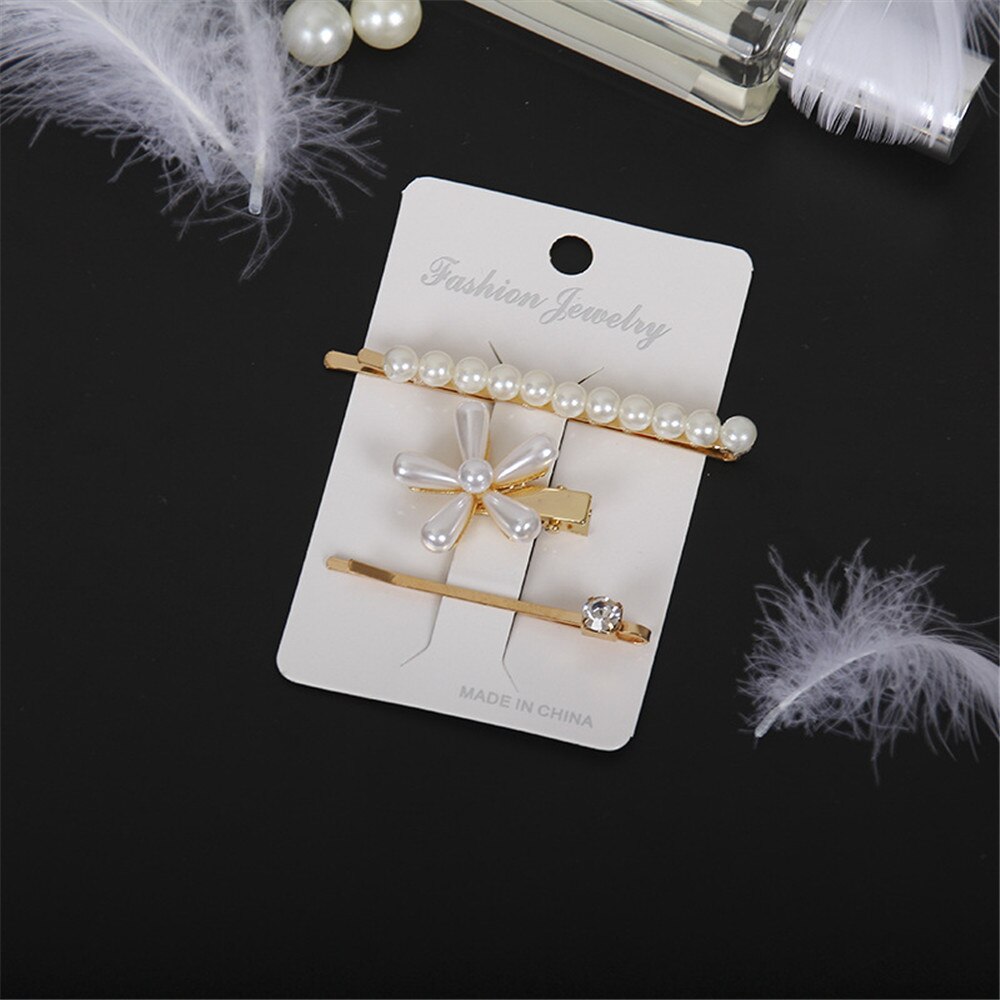 3pcs/set Women Girls Pearl Crystal Hairpins Side Clip Hair Jewelry Trendy Geometric Headwear Fashion Hair Accessories Barrettes