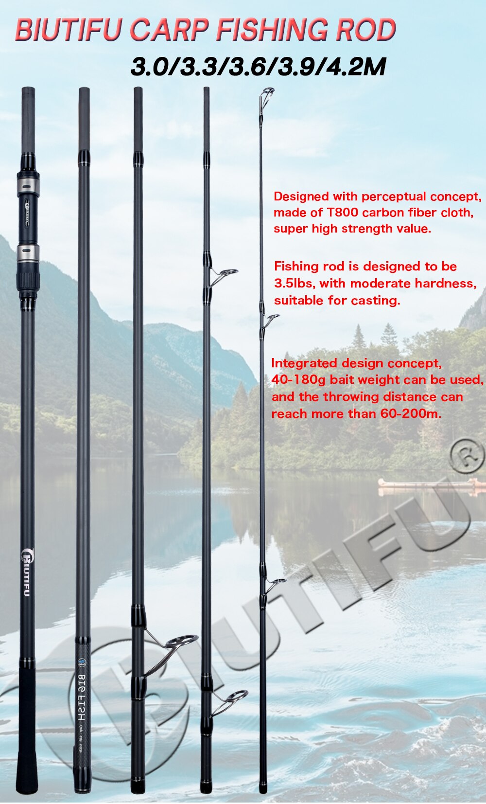 BIUTIFU BIGFISH Carp Fishing Rod 4.2/3.9/3.6/3.0m T800 Carbon Fibre 3.5lb Throwing 40-200g Travel Surfcasting Spinning Hard Pole