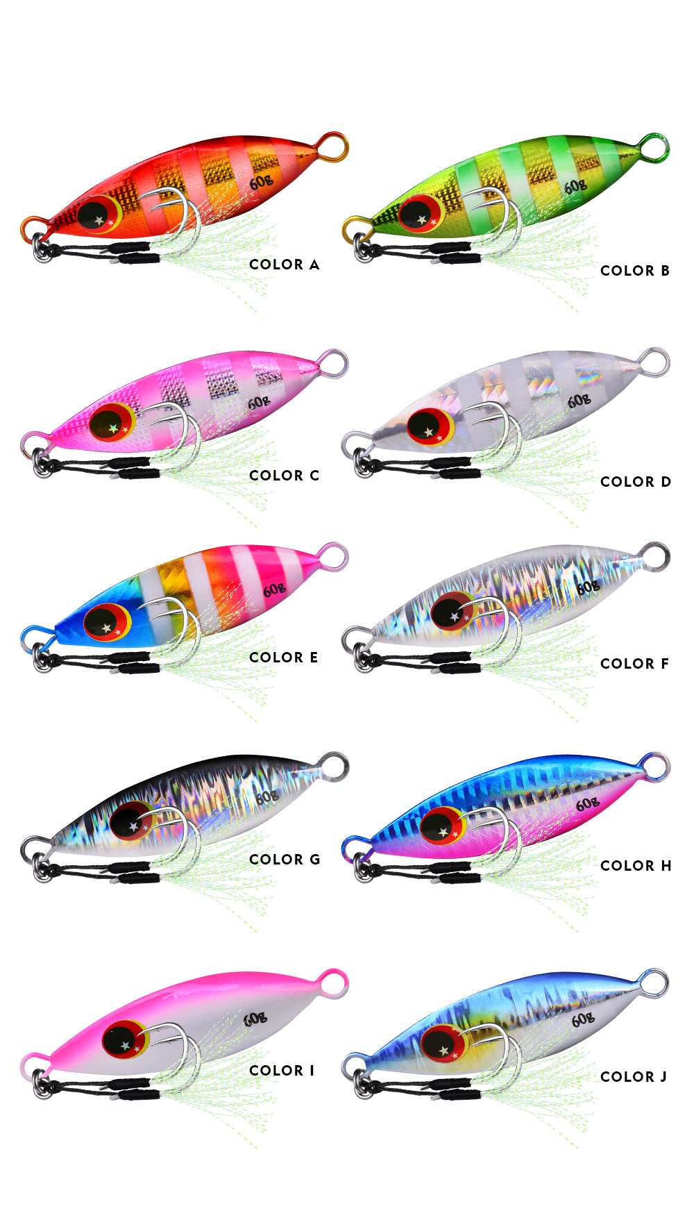 10 Pcs/Set Metal Hard Jig Lure Artificial Bait Shore Slow Jigging Super Bass Fishing Tackle 10g 20g 30g 40g 60g Supply Wholesale