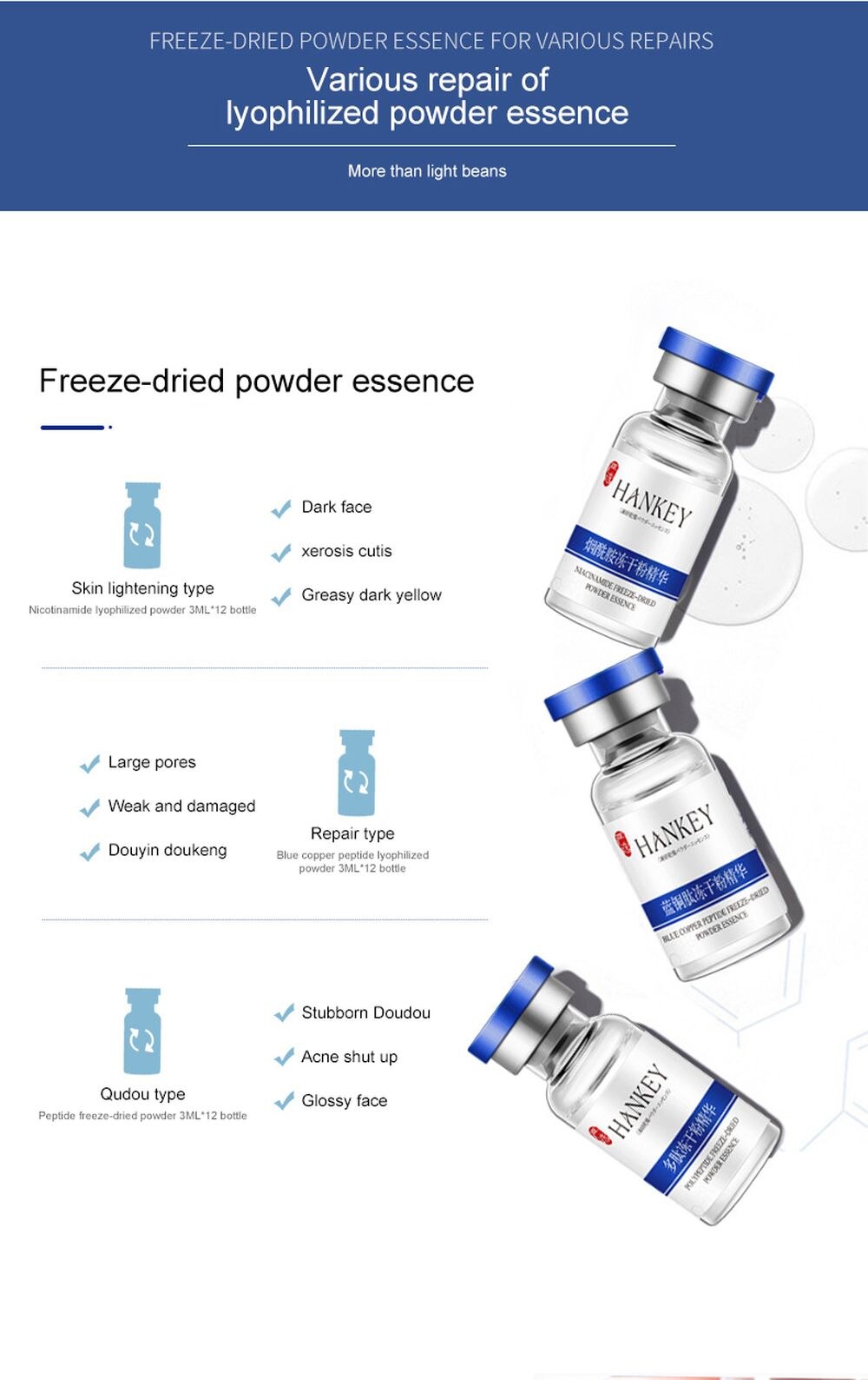 Blue Copper Peptide Lyophilized Powder Face Serum Set Whitening Anti-Wrinkle Lifting Nourishing Shrink Pore Face Serum Skin Care