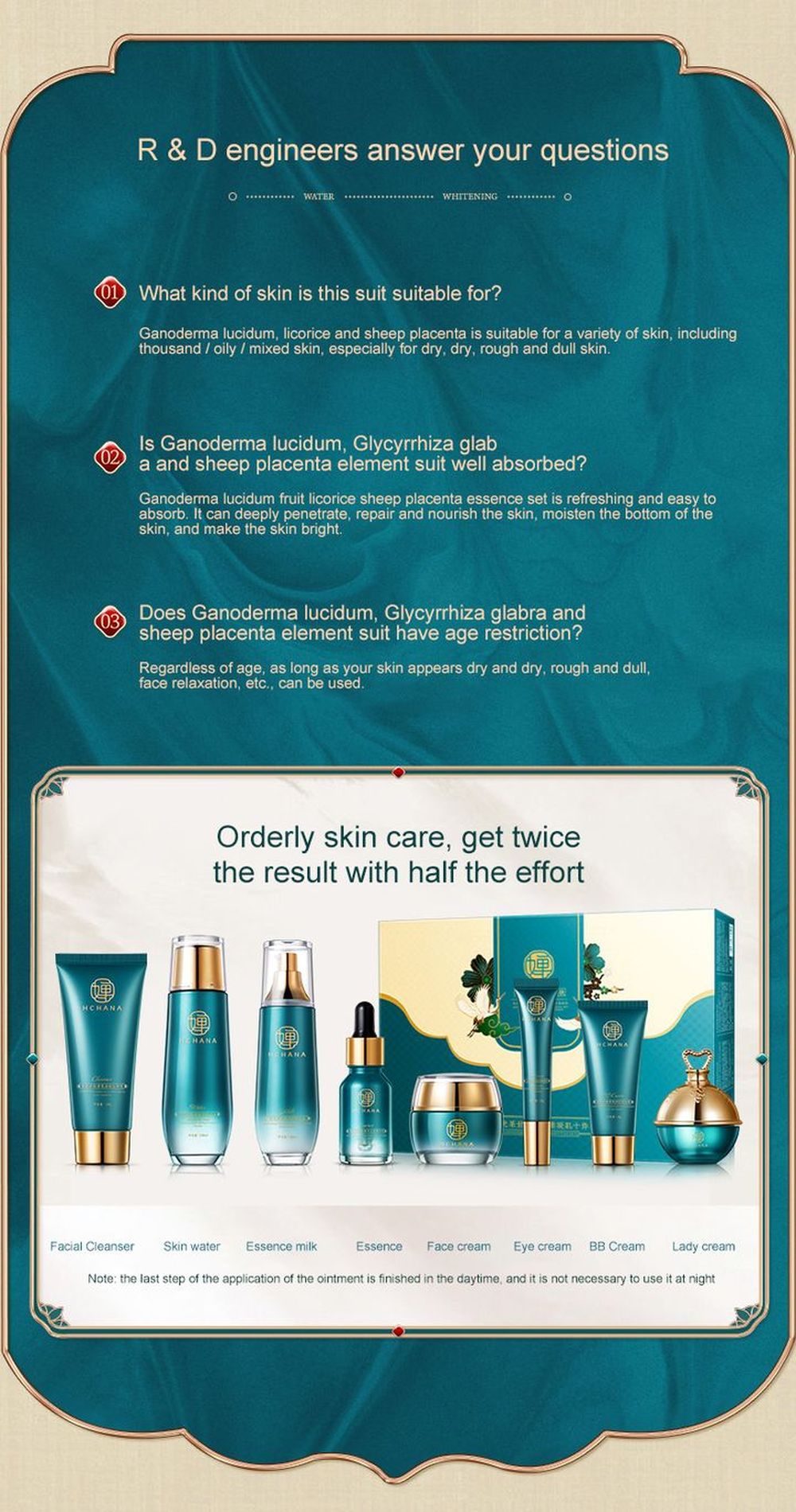 LAIKOU Ganoderma Lucidum 10PCS Face Skin Care Product Facial Cleanser Toner Essence Milk Essence Cream Eye Cream BB Cream Set