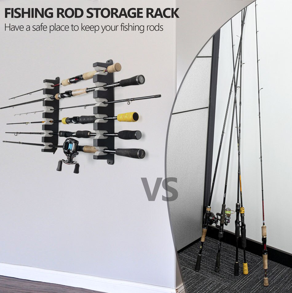 THKFISH 2 Pcs Fishing Rod Holder Stand Kit 6 Holes Black ABS Plastic Wear-resistant Durable Horizontal Wall-mounted Pole Rack