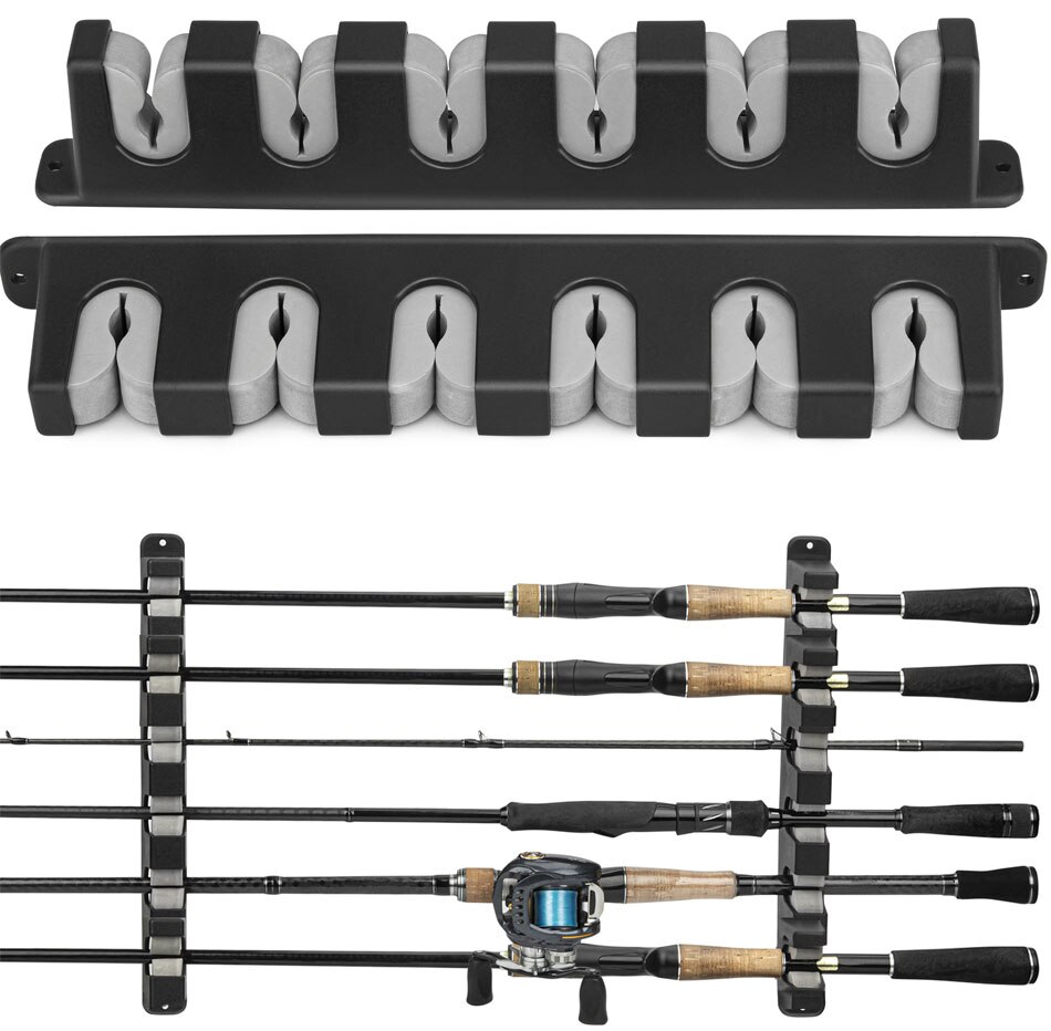 THKFISH 2 Pcs Fishing Rod Holder Stand Kit 6 Holes Black ABS Plastic Wear-resistant Durable Horizontal Wall-mounted Pole Rack