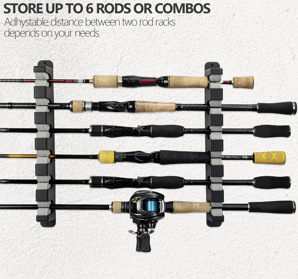 THKFISH 2 Pcs Fishing Rod Holder Stand Kit 6 Holes Black ABS Plastic Wear-resistant Durable Horizontal Wall-mounted Pole Rack