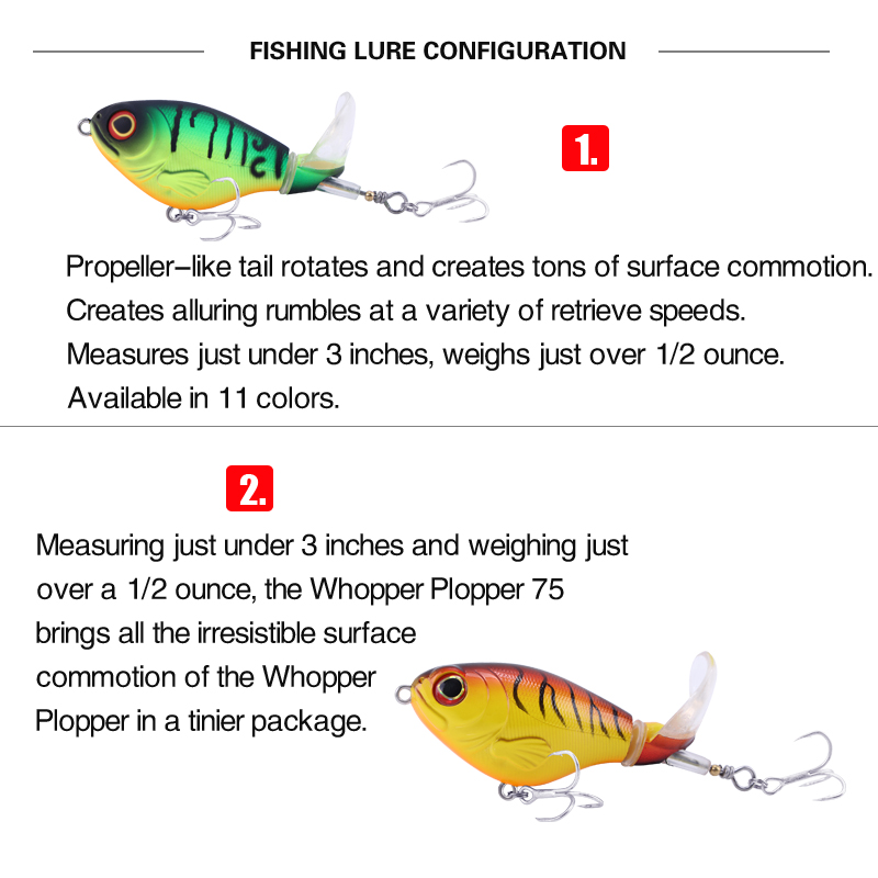 1pcs 75mm/17g Topwater Fishing Lures Whopper Popper Artificial Bait Hard Plopper Soft Rotating Tail Fishing Tackle Fishing Baits