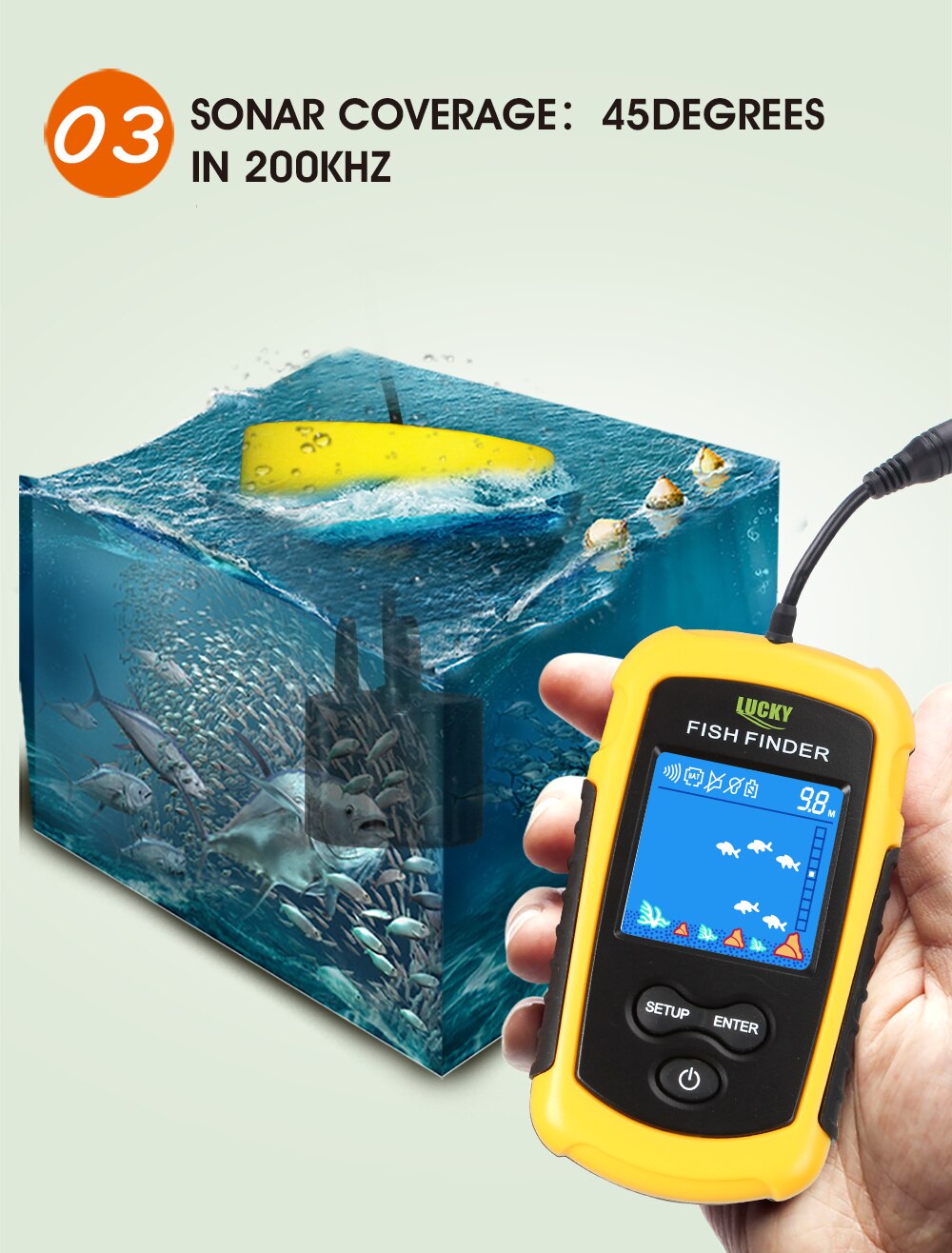 FFC1108-1 Alarm 100M Portable Sonar Fish Finders Fishing lure Echo Sounder Fishing Finder Alarm Transducer Lake Sea Fishing