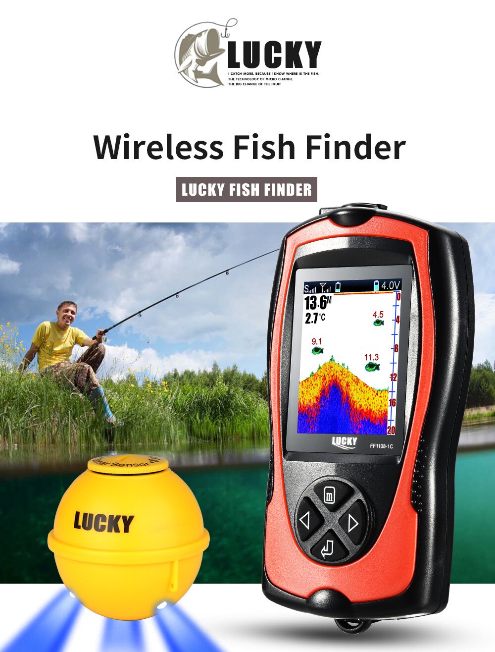 LUCKY FF1108-1CWLA Rechargeable Wireless Sonar for Fishing 45M Water Depth Echo Sounder Fishing Finder Portable Fish Finder